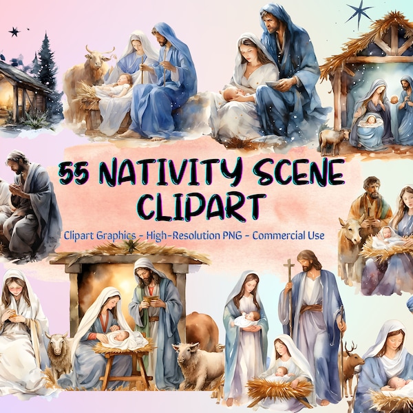 55 crèches de Noël Clipart aquarelle Bundle, PNG Transparent, clipart Jésus de Noël, téléchargement numérique, fabrication de cartes de scrapbooking, usage commercial