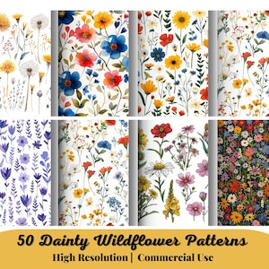 50 padrões delicados de flores silvestres, conjunto de padrões sem emendas de flores silvestres, papel digital de flores silvestres, fundos sem emendas de flores silvestres