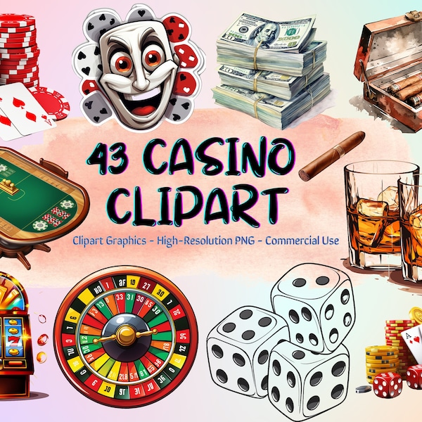 43 Casino Clipart, Transparent Background, DIY Sublimations, Card Making Graphics