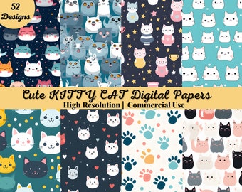 52 Cute KITTY CAT Digital Papers- SEAMLESS  ready to Print - High Quality Printable Digital Paper, Instant Download, High Resolution