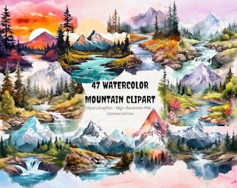 47 Imágenes prediseñadas de montaña en acuarela - Imágenes prediseñadas de montañas - Imágenes prediseñadas de acuarela - Imágenes prediseñadas de bosque - Paisajes de montaña - Montañas - Bosque en acuarela