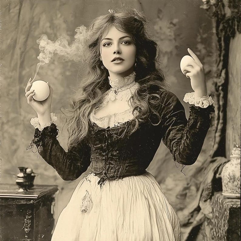 May include: A woman in a vintage dress with a lace collar and a velvet bodice holds two white orbs in her hands. She is standing in front of a backdrop with a vintage aesthetic.