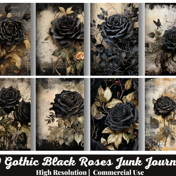 30 Black Roses Junk Journal Pages, Gothic collage sheets, scrapbooking cards, ephemera Roses Junk Journal Kit, Dark Roses journaling pages