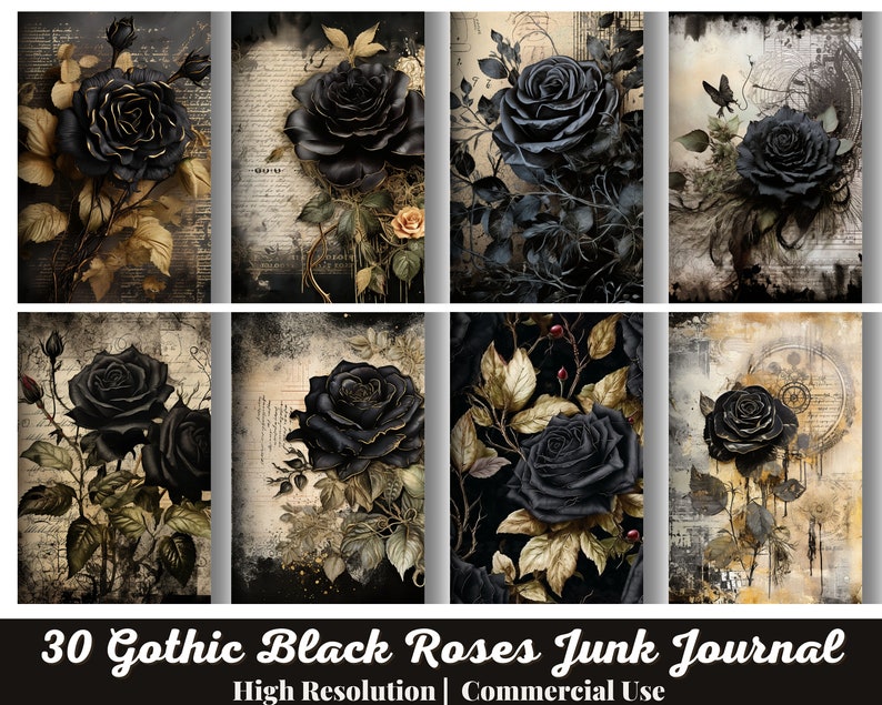 30 Black Roses Junk Journal Pages, Gothic Collage Sheets, Scrapbooking ...