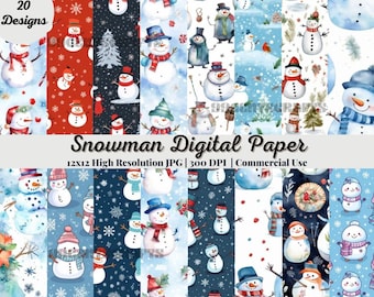 20 Snowman digital paper Graphics | Pattern| Instant download| cute snowman| cyber week sale| holiday scrapbook| snowflake background