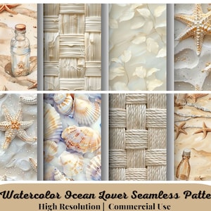 36 Watercolor Ocean Lover Seamless Patterns, Beach Pattern JPEG, Neutral Summer Beach Digital Download, Repeating pattern, Scrapbook Paper