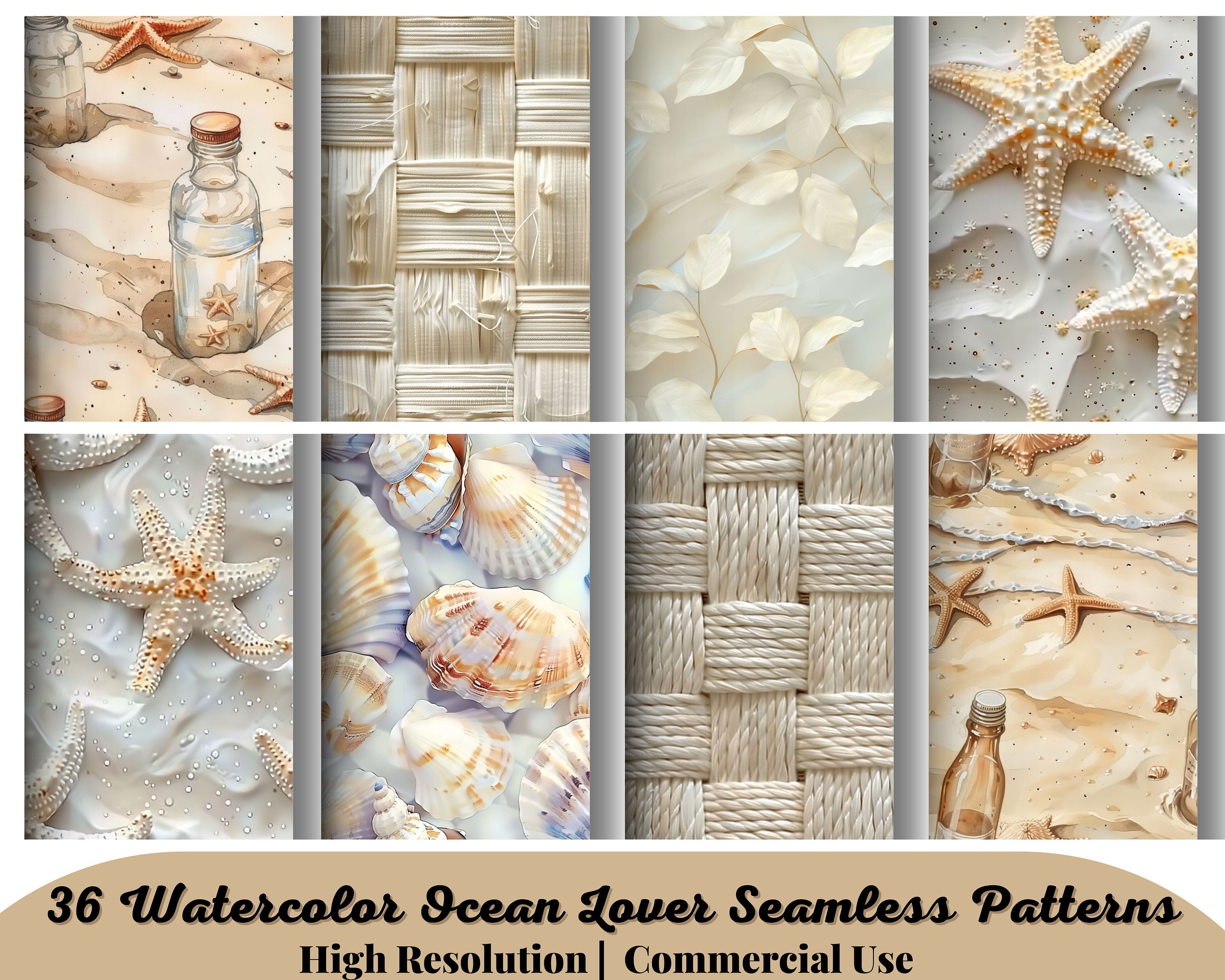 36 Watercolor Ocean Lover Seamless Patterns, Beach Pattern JPEG ...