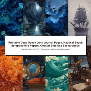 May include: A collage of digital art featuring deep ocean and nautical themes. The images include underwater scenes with jellyfish, a moonlit cave, a ship at sea, and ocean waves. Text reads: "Printable Deep Ocean Junk Journal Pages, Nautical Beach Scrapbooking Papers, Coastal Blue Sea Backgrounds."