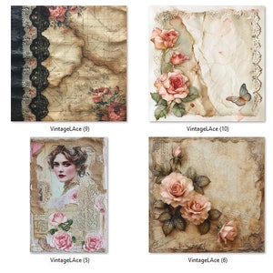 Pode incluir: Uma cole&ccedil;&atilde;o de impress&otilde;es de arte digital em estilo vintage com rosas, texturas de papel antigo e retratos. A paleta de cores inclui rosas suaves, cremes e castanhos, com algumas impress&otilde;es incorporando rendas e detalhes de borboletas. Cada impress&atilde;o tem um design &uacute;nico.