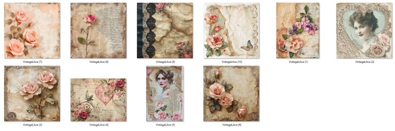 Pode incluir: Uma cole&ccedil;&atilde;o de impress&otilde;es de arte digital em estilo vintage com rosas, texturas de papel antigo e retratos. A paleta de cores inclui rosas suaves, cremes e castanhos, com algumas impress&otilde;es incorporando rendas e detalhes de borboletas. Cada impress&atilde;o tem um design &uacute;nico.