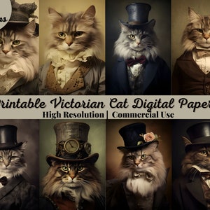 16 papiers numériques imprimables de chat victorien, pages de chaton de peinture à l'huile, arrière-plan, Éphémères, Télécharger le journal des déchets indésirables, Scrapbooking, Fabrication de cartes