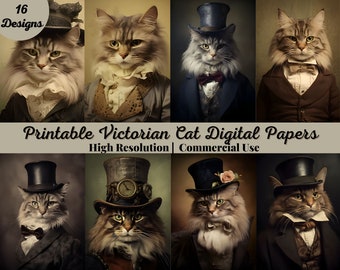 16 utskrivbara digitala papper med viktorianska katter, sidor med oljemålningar och kattungar, bakgrund, efemera, nedladdning av skräpjournal, scrapbooking, korttillverkning