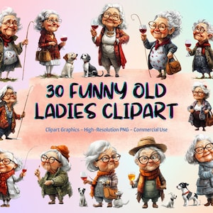 30 lustige alte Damen Clipart, niedliche Cartoon-Oma, glückliche Frau Clipart, verrückte alte Dame Clipart lustige Oma Sublimation, kommerzielle Nutzung PNG