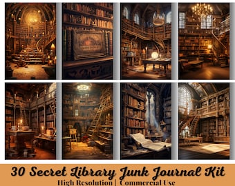 Puede incluir: Un collage digital de ocho imágenes que muestran una biblioteca secreta con estanterías, escaleras y una escalera de caracol. Las imágenes están en formato de cuadrícula y todas tienen una paleta de colores cálida y acogedora. Las imágenes son perfectas para usar en diarios de chatarra, álbumes de recortes y otros proyectos creativos.