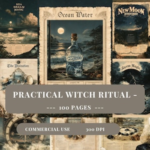 Può includere: Una raccolta di pagine digitali intitolata Practical Witch Ritual con 100 pagine e testo per uso commerciale. Le pagine presentano illustrazioni di scene oceaniche, una bottiglia di vetro, una luna piena, divinazione delle maree e magia delle tempeste.