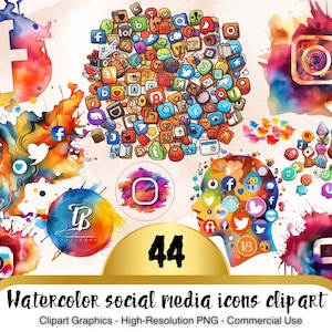 44 Watercolor social media icons clipart, Website icons, Blog, Blogger, Media buttons clipart, Pink, Blue, Gold, Black icons graphic