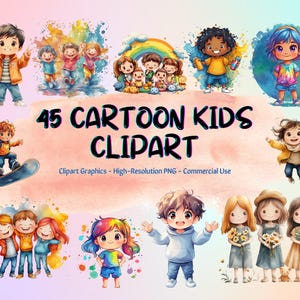 45 imágenes prediseñadas de niños de dibujos animados en acuarela, lindos niños saltando de alegría, niños multinacionales felices en fila, amigos riendo, pintura de acuarela