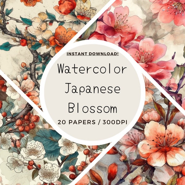 Watercolor Floral Japanese Digital Paper 300 DPI  21 Designs Flower Background SEAMLESS Scrapbooking Invitations Blossom