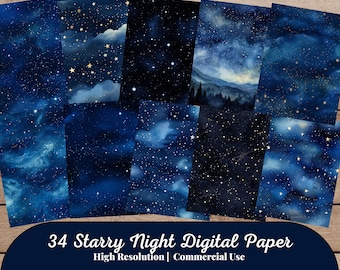34 Starry Night Digital Paper, Blue Watercolour Texture, Night Sky Texture Background, Galaxy Scrapbook Paper, Commercial Use