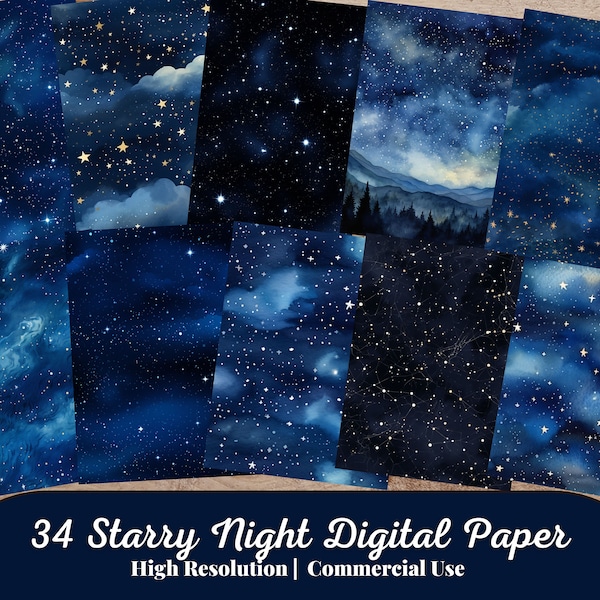 34 Starry Night Digital Paper, Blue Watercolour Texture, Night Sky Texture Background, Galaxy Scrapbook Paper, Commercial Use