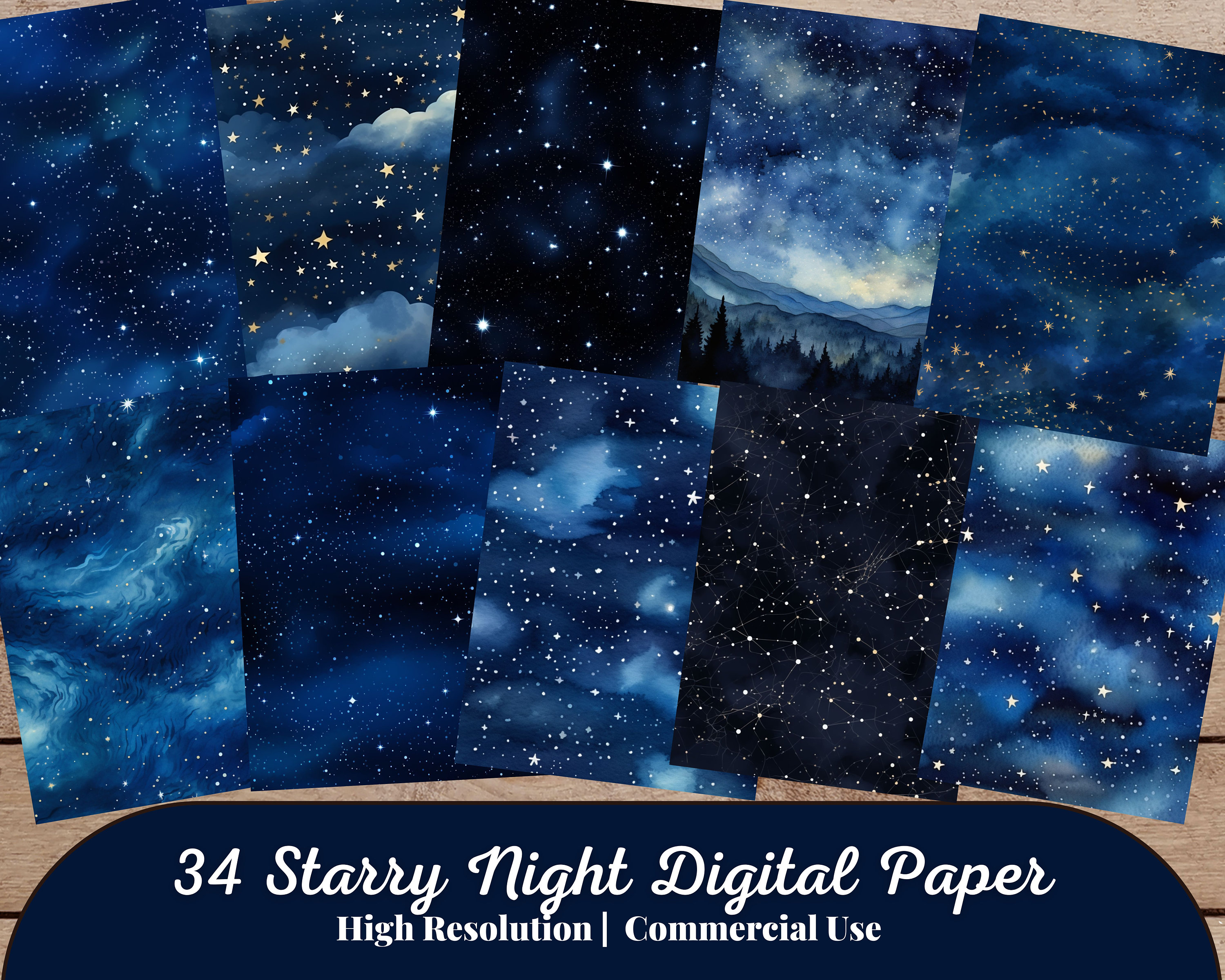 34 Starry Night Digital Paper, Blue Watercolour Texture, Night Sky ...