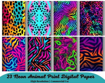 23 Neon Animal Print Digital Paper | Rainbow Safari Seamless Pattern | Cheetah Print | Leopard Print Textures JPG | Africa Skin Backgrounds