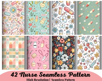 42 NURSE LIFE, Nurse Seamless Repeat Pattern, Retro Healthcare, Medical Backgrounds, Printable Digital Paper