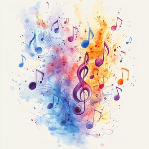 May include: A watercolor painting of a treble clef surrounded by musical notes in various colors, including blue, purple, pink, orange, and yellow.