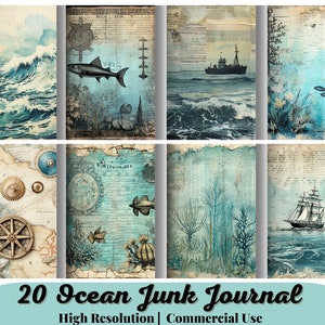 20 Ocean Junk Journal, Sea Scrapbook Paper, Blue Junk Journal Kit, Nautical Ephemera, Beach Marine Junk Journal, Turquoise Craft Supplies