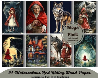 Watercolour Red Riding Hood Clipart, Little Red Riding Hood, Fairy tale Clip art, Fantasy Gothic Fairytale Junk Journal