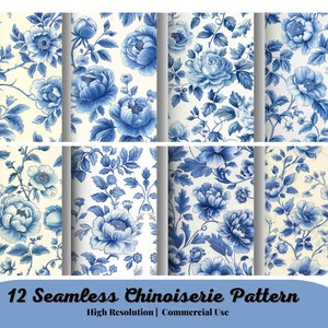 12 Nahtlose Chinoiserie Muster, Chinoiserie Floral Digital Papier, nahtlose französische Blumenmuster, blau und weiß, chinesisch, Hintergrund