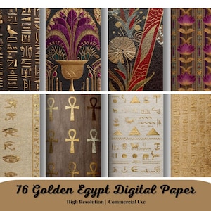 Puede incluir: Una colección de 76 diseños de papel digital dorado de Egipto. Los diseños presentan jeroglíficos, símbolos ankh, flores de loto y otros motivos egipcios en oro sobre varios fondos. El texto "76 Golden Egypt Digital Paper" está en la parte inferior.