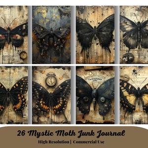 26 Mystische Motte Junk Journal Seiten, dunkle Motte Schmetterling Fantasy Junkjournal Kit Halloween Digi Kit Goth Digital Papier Collage Sheet Printable