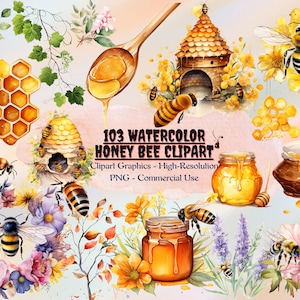 103 Watercolor Honey Bee Clipart spring garden bee and honey drips clip art PNG graphics instant download for commercial use High Resolution