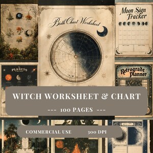 Op de afbeelding: Een verzameling gedrukte werkbladen en grafieken met hemelse thema's, waaronder een Birth Chart Worksheet, Moon Sign Tracker en Retrograde Planner. De pagina's tonen illustraties van planeten, maanfasen en sterren in een vintage stijl.