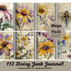 112 Daisy Journal Kit, digitale ongewenste dagboekpagina's, afdrukbaar dagboek, kortstondige, Paper Craft, hoge kwaliteit, direct downloaden