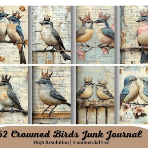 52 gekroonde vogels | printbare junk journal | halve pagina's | Mixed Media benodigdheden | Handgetekende vogels | Vintage kaarten maken | Collage | Dagboek