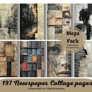 Pages de collage de journal pour scrapbooking et journal indésirable, images imprimables, papier vintage, texte et écriture, texture vieillie, patiné