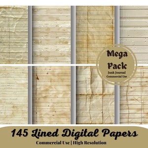 May include: A collection of 145 lined digital papers with a vintage aesthetic. The papers feature aged textures, handwritten notes, and a variety of lined and grid patterns. The image includes the text "Mega Pack" and "Junk Journal Commercial Use".