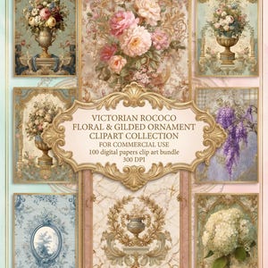 May include: A digital art collection featuring Victorian Rococo floral and gilded ornament designs. The image showcases various framed artworks with floral arrangements, ornate vases, and decorative patterns in soft pastel colors. The text reads "VICTORIAN ROCOCO FLORAL & GILDED ORNAMENT CLIPART COLLECTION".