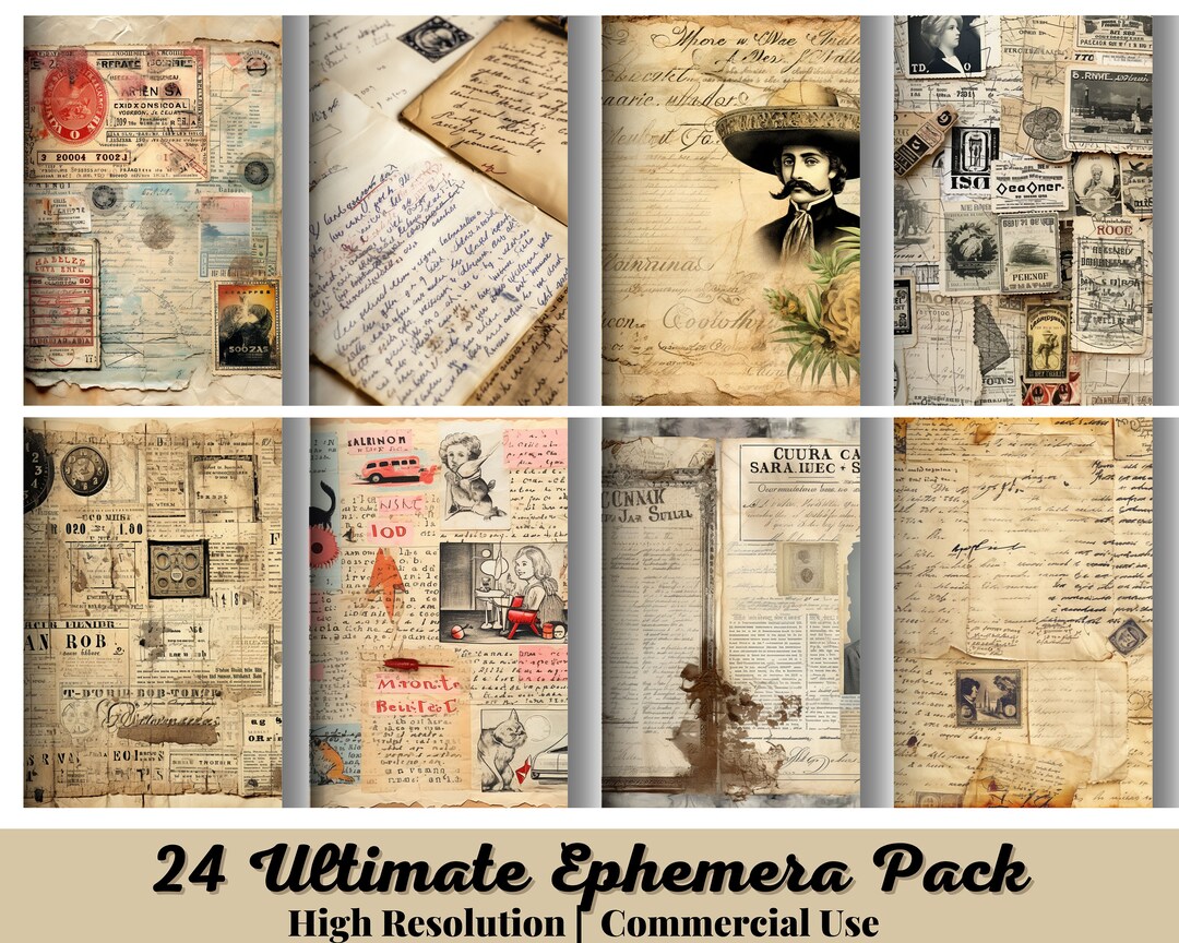 24 Vintage Junk Journal Ephemera Pack, Printable Collage Sheet, Digital ...