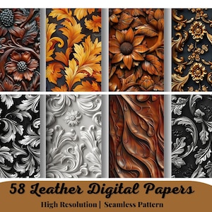 Könnte beinhalten: Satz von 8 digitalen Papieren mit komplizierten, geschnitzten Ledermustern in verschiedenen Farben, darunter Gold, Braun, Schwarz und Weiß. Die Muster sind von floralen und Schriftrollen-Designs inspiriert. 58 digitale Lederpapiere. Hohe Auflösung. Nahtloses Muster.
