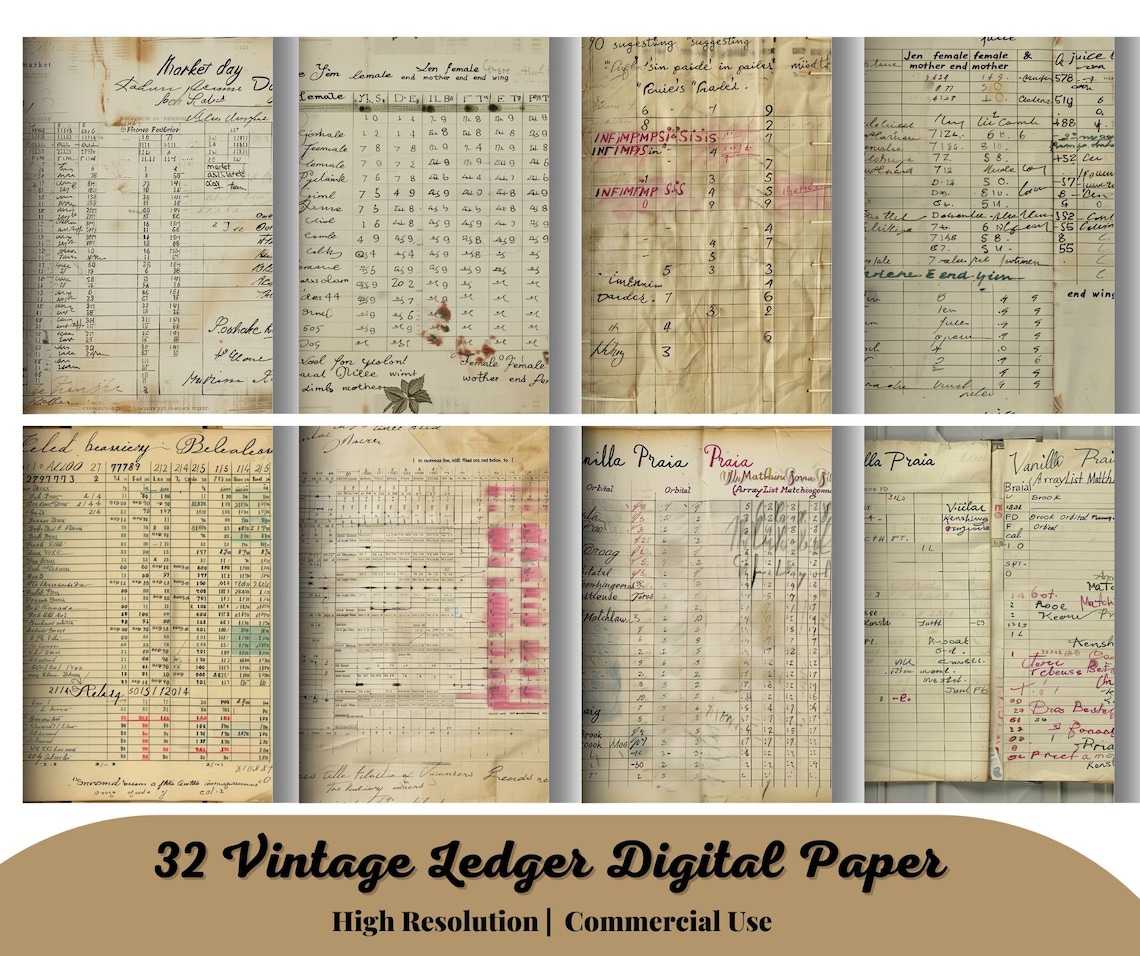 32 Vintage Ledger Pages Printable Antique Junk Journal Paper, Digital ...