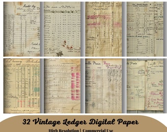 32 Vintage Ledger Pages printable antique junk journal paper, digital collage sheet, old journaling ephemera handwritten scrapbook
