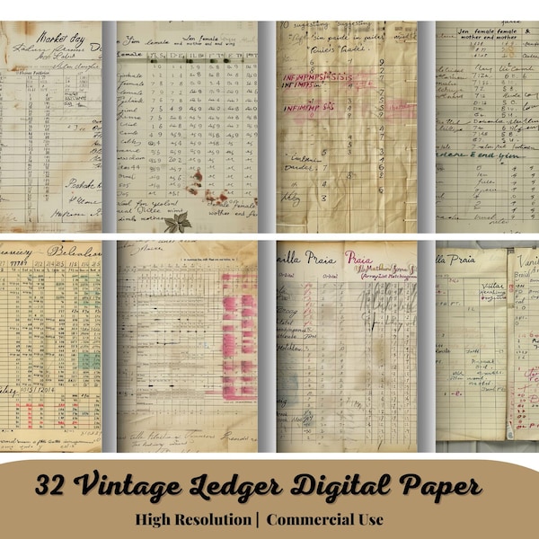32 Vintage Ledger Pages printable antique junk journal paper, digital collage sheet, old journaling ephemera handwritten scrapbook
