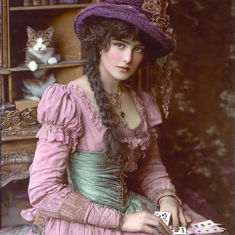May include: A woman in a pink and green dress with lace detailing wears a purple hat with flowers. She is holding a deck of playing cards and looking at the camera. A cat is sitting on a shelf in the background.