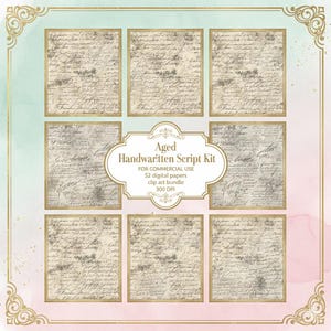 Puede incluir: Una colección de nueve papeles digitales con escritura manuscrita envejecida. Los papeles están dispuestos en una cuadrícula, cada uno enmarcado en oro. Una etiqueta central dice "Aged Handwritten Script Kit".