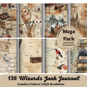 136 Wizards and Books Junk Journal Digital Kit Printable, Wizard Digital Collage Sheets, Magic Junk Journal, Junk Journal Pape
