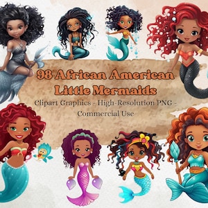 98 African American Little Mermaids clipart | Instant Download | PNG file - 300 dpi | Clipart for Commercial Use