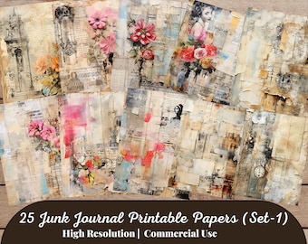 25 Junk Journal Printable Papers, Digital Paper, Instant download Scrapbooking Antique Papers, Collage Sheets (Set-1)